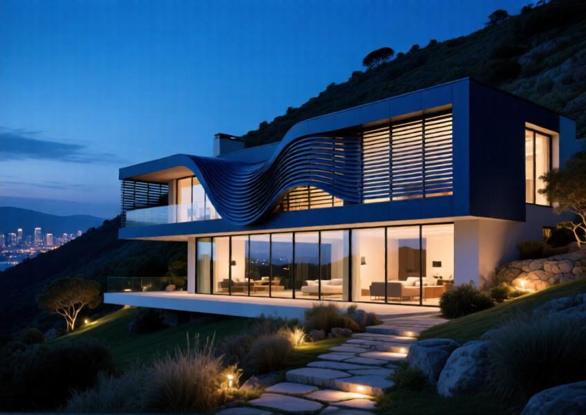A luxury villa with navy blue aluminum louvers glowing softly at dusk, integrated into a natural hillside setting
