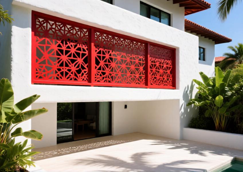 Vibrant red perforated aluminum screen casting decorative shadows on a sunlit terrace.