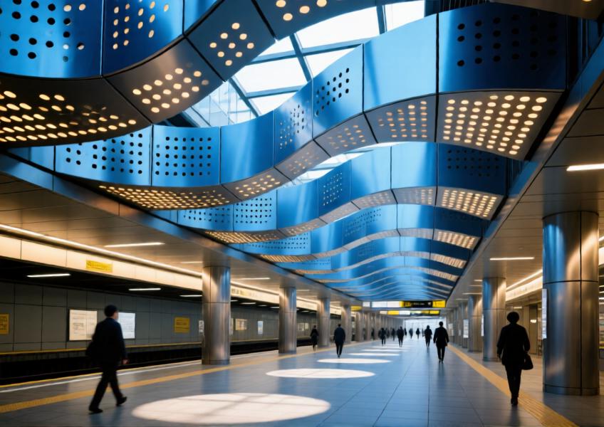 Anodized blue aluminum ceiling in a Tokyo metro station designed for acoustic comfort and modern aesthetics.