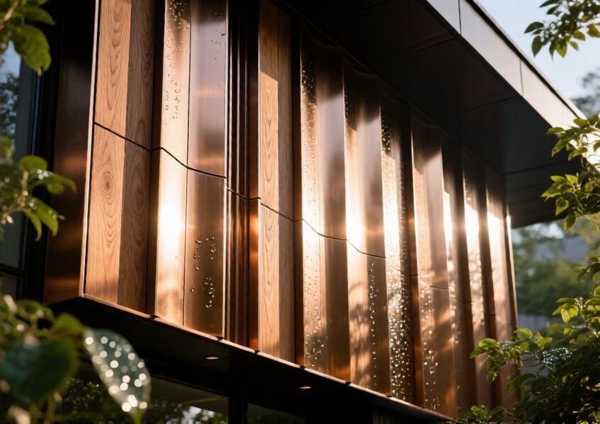 Bronze anodized aluminum cladding mimicking wood on a luxury villa exterior.