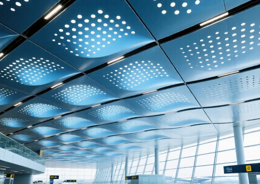 Anodized blue perforated aluminum ceiling in a modern airport terminal.