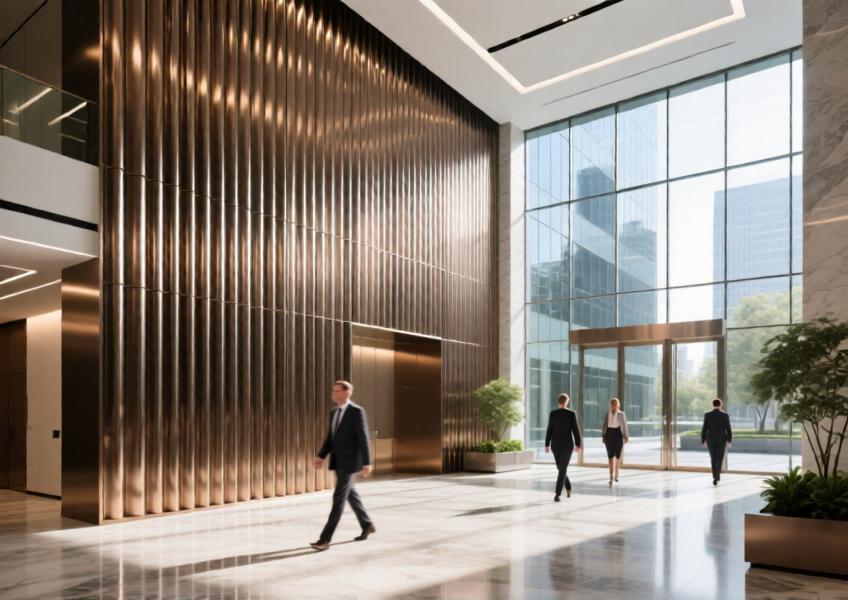 Corporate lobby with anodized bronze aluminum cladding and natural daylight.