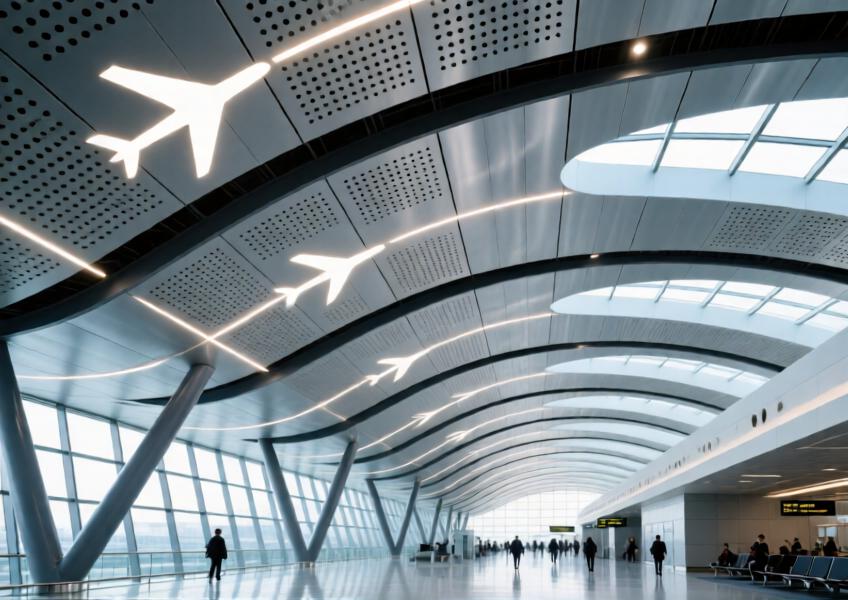 A grand airport ceiling with perforated brushed aluminum panels in a flowing design, combining acoustic functionality with dynamic visual expression.