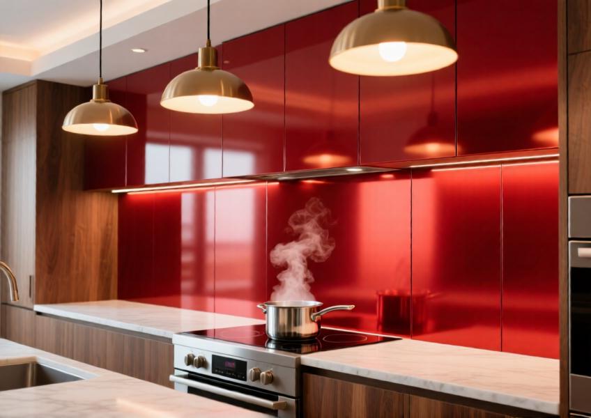 High-end kitchen with a vibrant red matte aluminum backsplash, showcasing durability and modern elegance in a luxury residence.