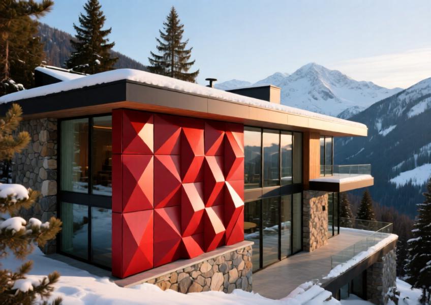 Luxury mountain villa with bold red aluminum accent wall, blending modern design with natural surroundings