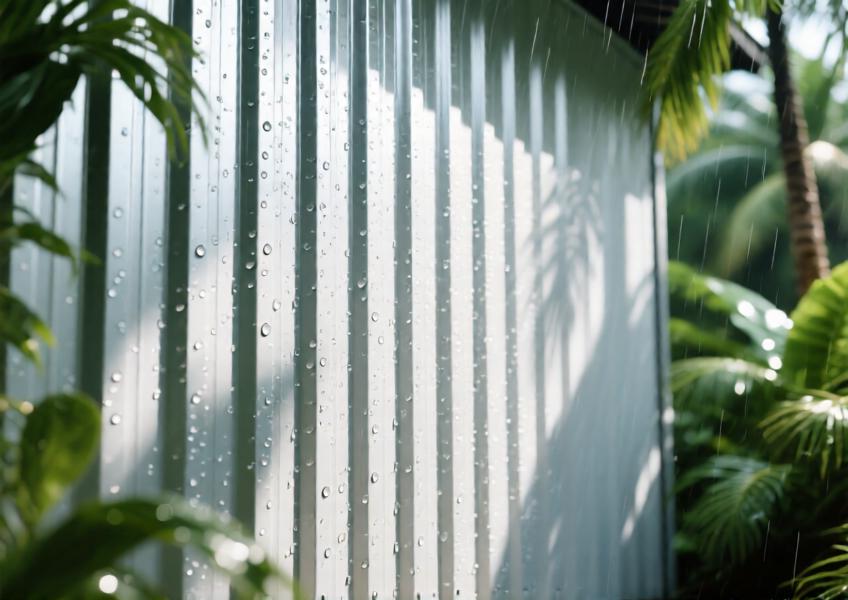Close-up of matte white aluminum sheet wall in a tropical environment, showcasing durability and texture
