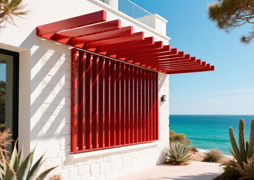 Luxury villa with bold red aluminum sunshades optimizing light control and visual impact.