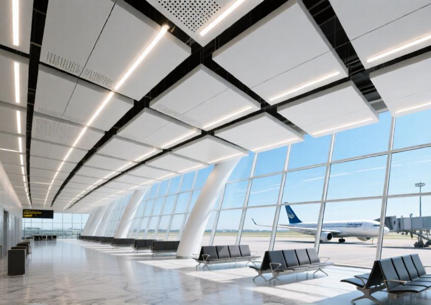 Interior of a luxury airport terminal with matte white aluminum ceiling panels, highlighting acoustic design, lighting, and modern material integration.