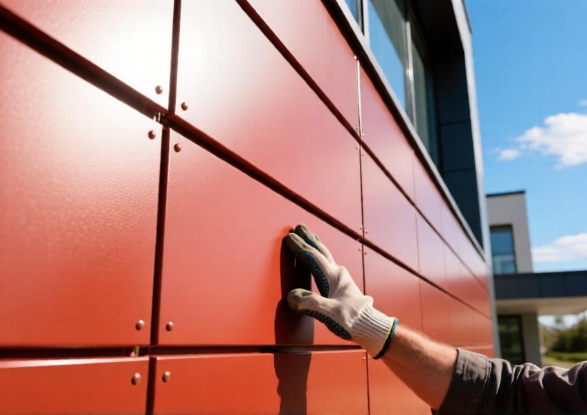 Close-up of terracotta red matte aluminum cladding with human interaction and midday lighting
