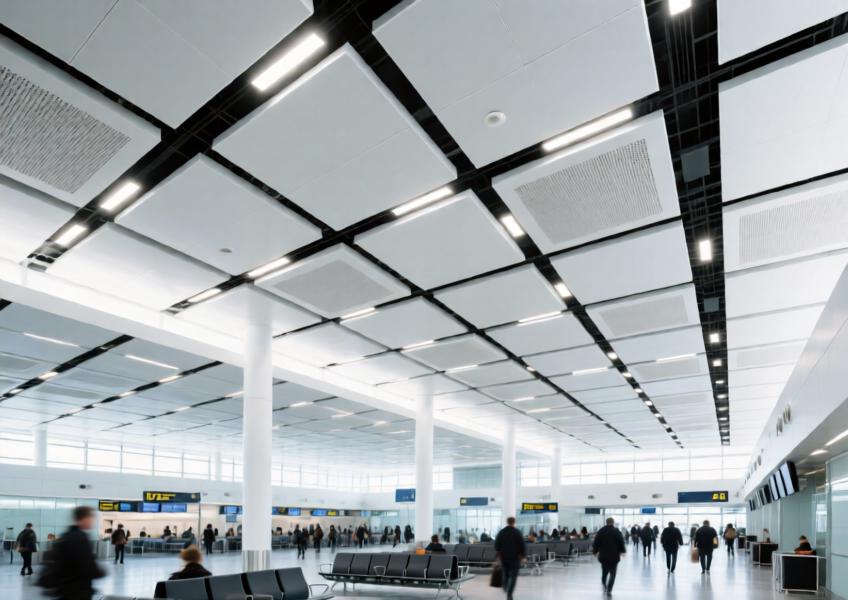 Spacious airport terminal with satin white aluminum ceiling panels providing acoustic comfort and modern aesthetics.