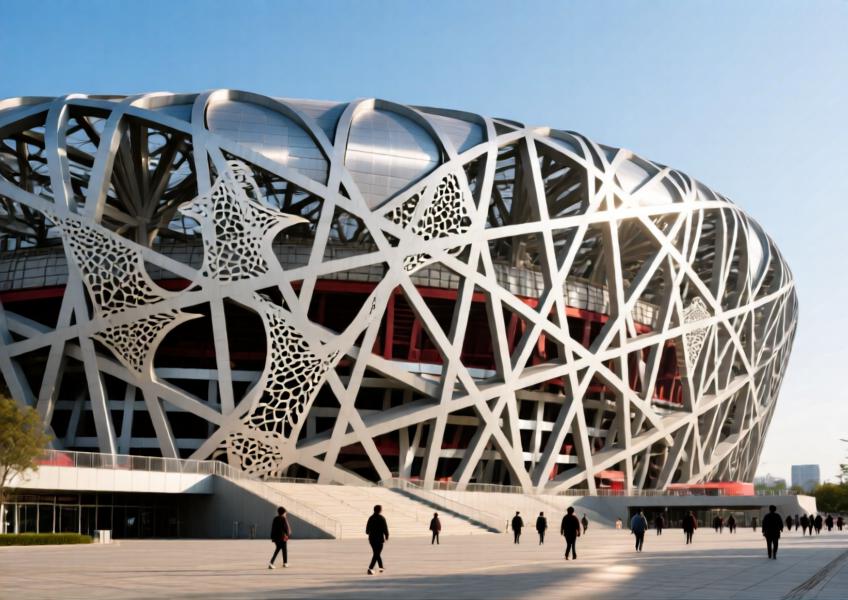 Intricately designed aluminum panel façade with organic patterns on a cultural landmark under midday sun.