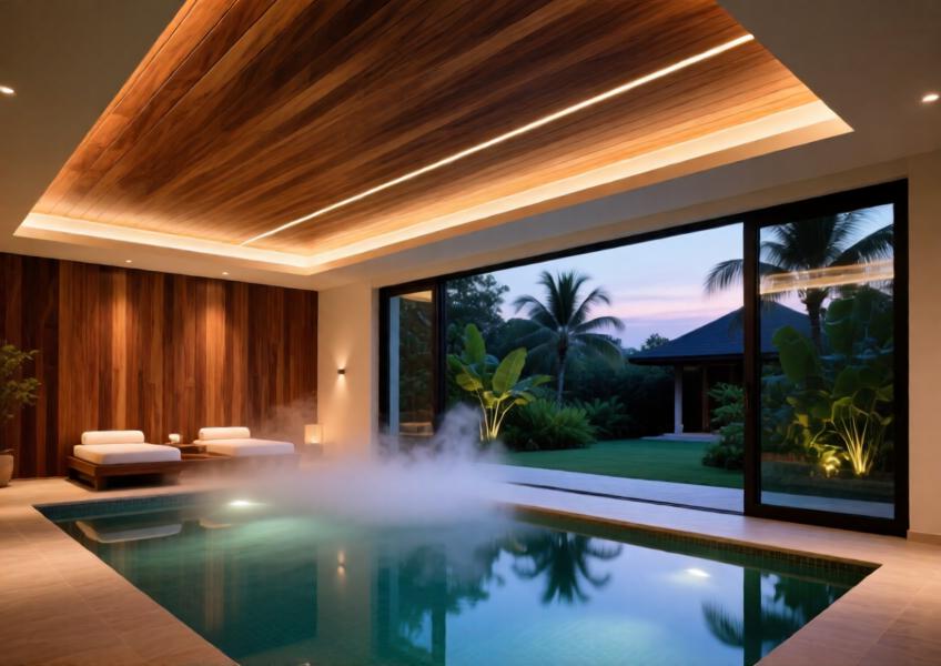 Spa interior in a luxury villa featuring teak-finish aluminum ceiling cladding, designed for both aesthetic warmth and performance in humid conditions.