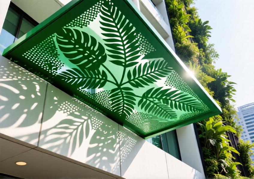 Perforated forest green aluminum screen with botanical motif casting decorative shadows on a tropical building facade
