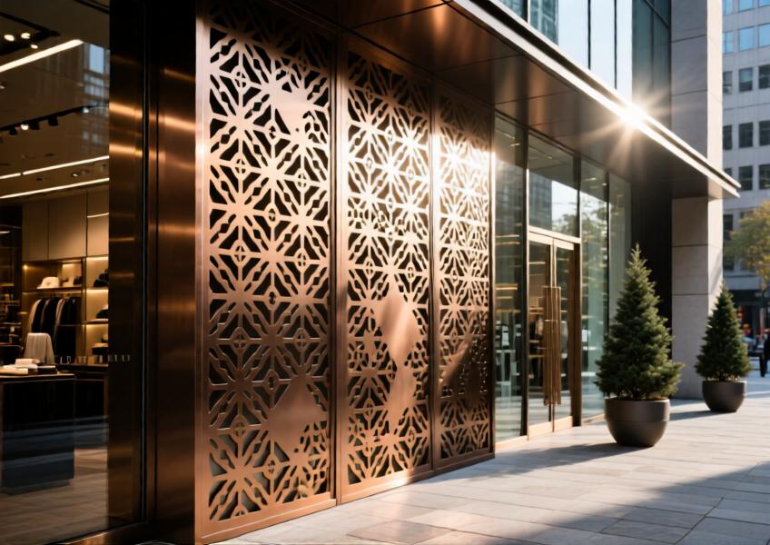 Detailed view of anodized bronze aluminum panel with laser-cut pattern, emphasizing texture, light interaction, and premium finish.