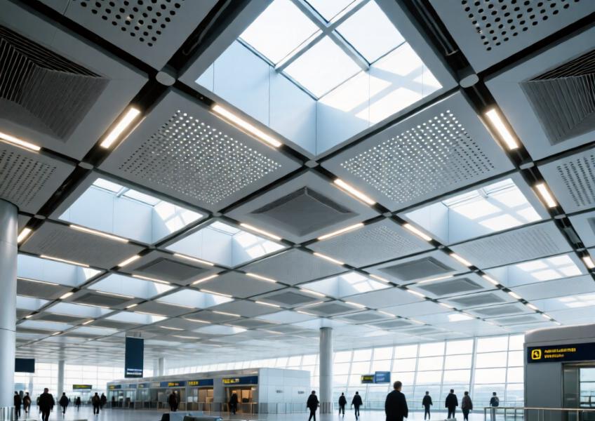 Perforated brushed silver aluminum ceiling in a large airport terminal with integrated lighting