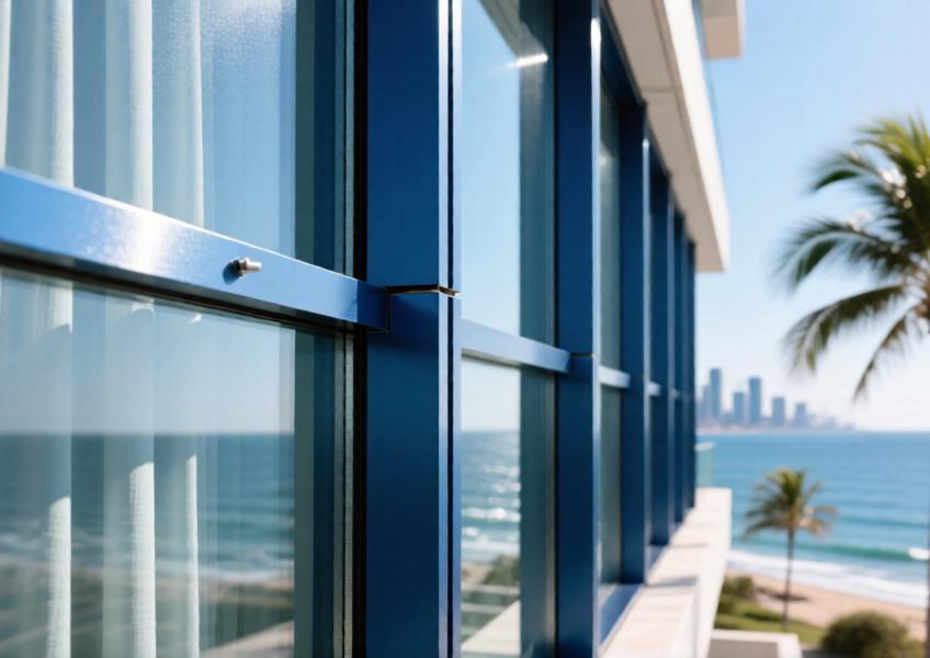 Detailed view of anodized deep blue aluminum curtain wall components in a coastal commercial building.