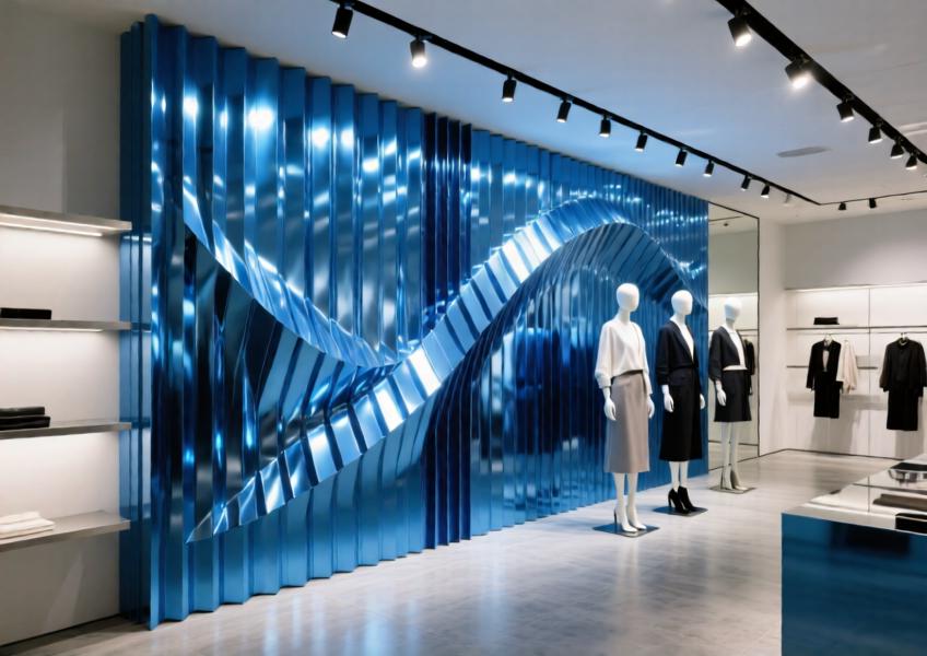 Upscale boutique with anodized blue brushed aluminum feature wall creating dynamic light reflections