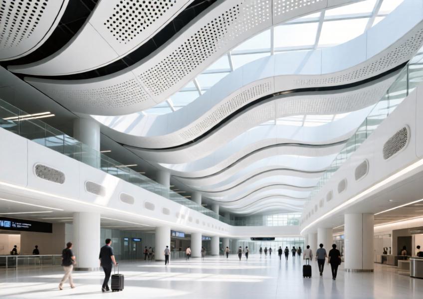 Wave-like matte white perforated aluminum ceiling in a bright, modern transit hub with natural lighting and passenger activity