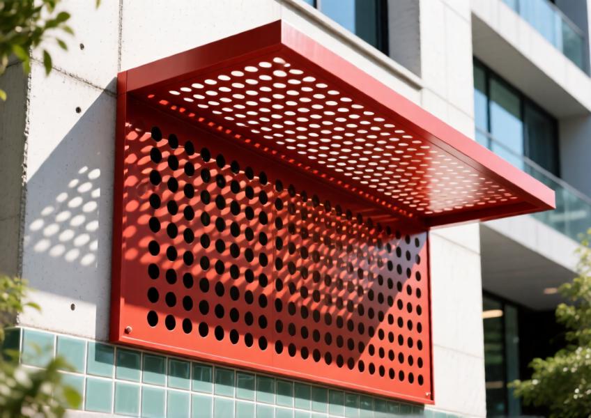 Close-up of vibrant red perforated aluminum cladding casting dynamic shadows in daylight.