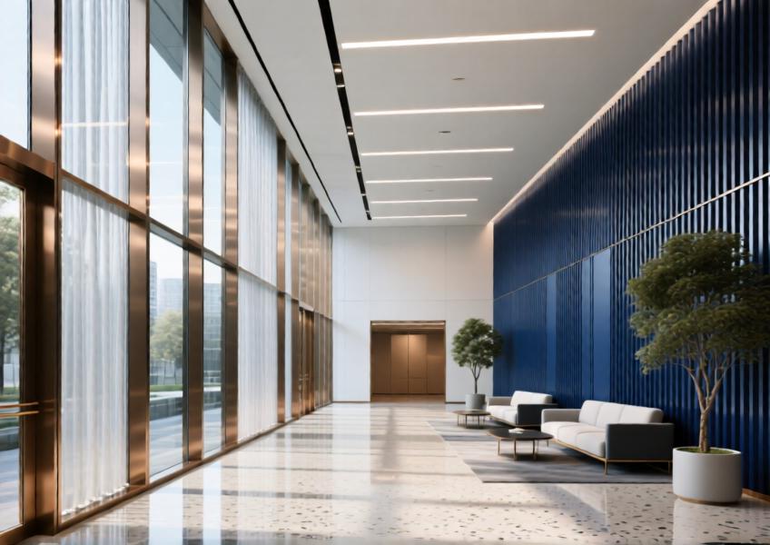 Modern office lobby with anodized bronze aluminium curtain wall and navy blue panel feature wall, filled with natural light.