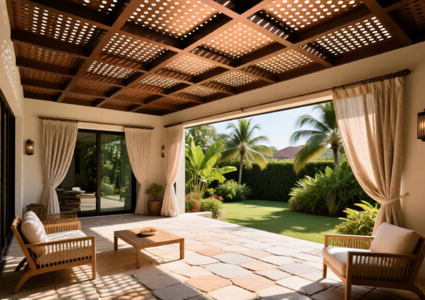 Elegant outdoor patio with bronze anodized perforated aluminum ceiling, enhancing aesthetic depth and functional performance in a tropical setting.