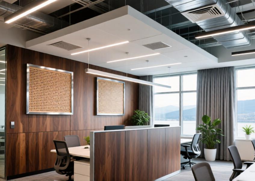 Sustainable office interior with walnut cladding and matte white aluminum ceiling systems