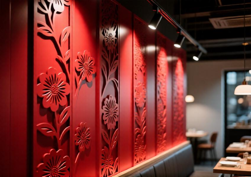 Restaurant accent wall with matte red aluminum panels featuring a floral relief design and dramatic lighting.