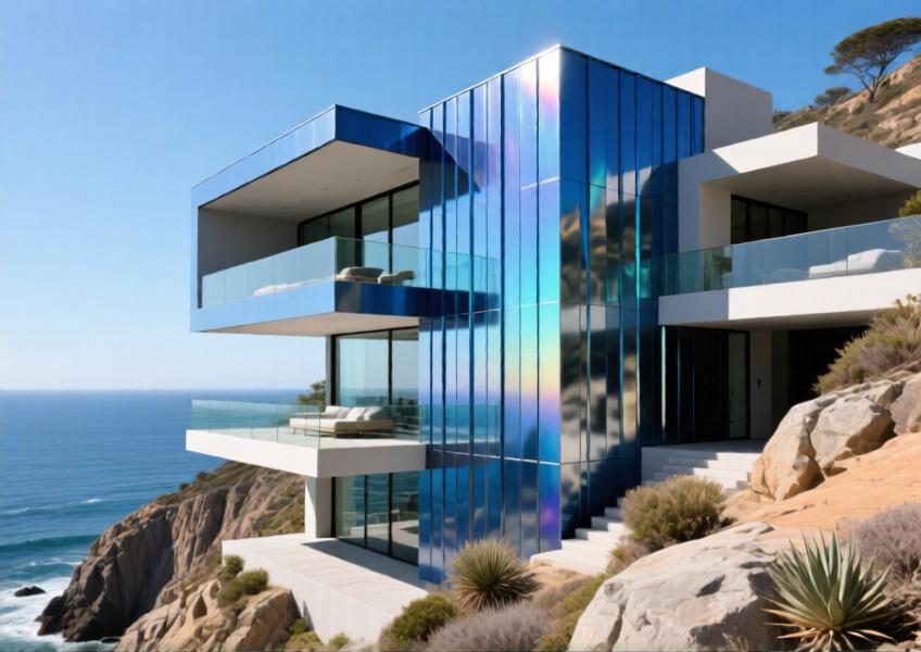 Luxury cliffside villa with anodized blue aluminum facade panels under daylight, highlighting color shift and integration with coastal landscape.