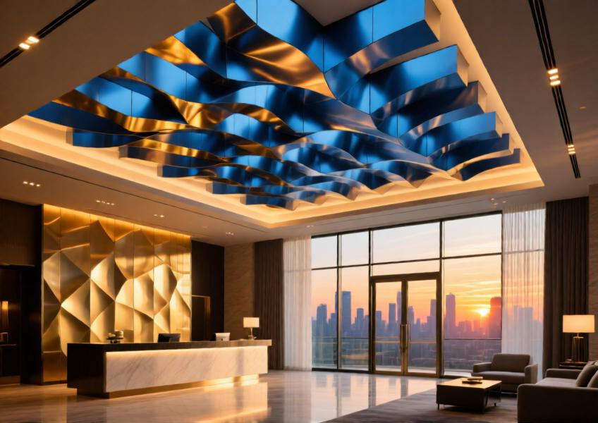 An artistic anodized blue aluminum ceiling in a luxury hotel lobby, enhancing the space with color, geometry, and ambient light during sunset.