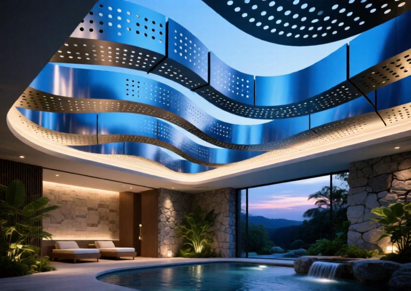 Luxury spa ceiling with perforated anodized blue aluminum panels and ambient lighting.
