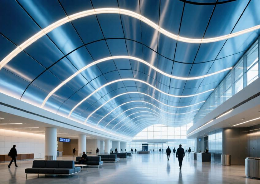Luxury airport interior with anodized blue aluminium wave ceiling