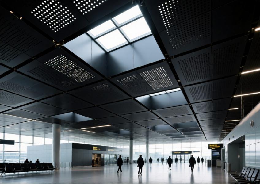 Interior of a modern airport with matte black perforated aluminum ceiling under natural and ambient lighting.