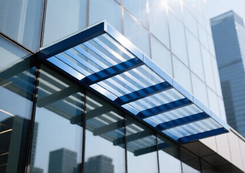 Close-up of anodized blue aluminum louvers creating shaded patterns on a modern building façade.