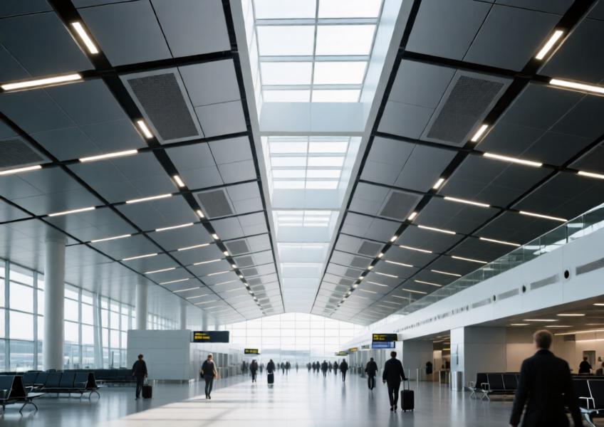 Airport interior with anthracite gray aluminum ceiling panels providing acoustic control and elegant modular design.