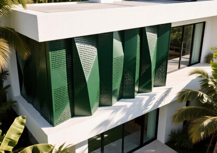 Luxury villa with forest green matte perforated aluminum shading panels at golden hour