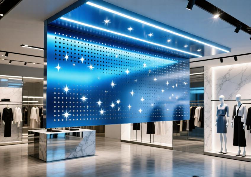 Anodized blue perforated aluminum ceiling panel in a modern retail space.