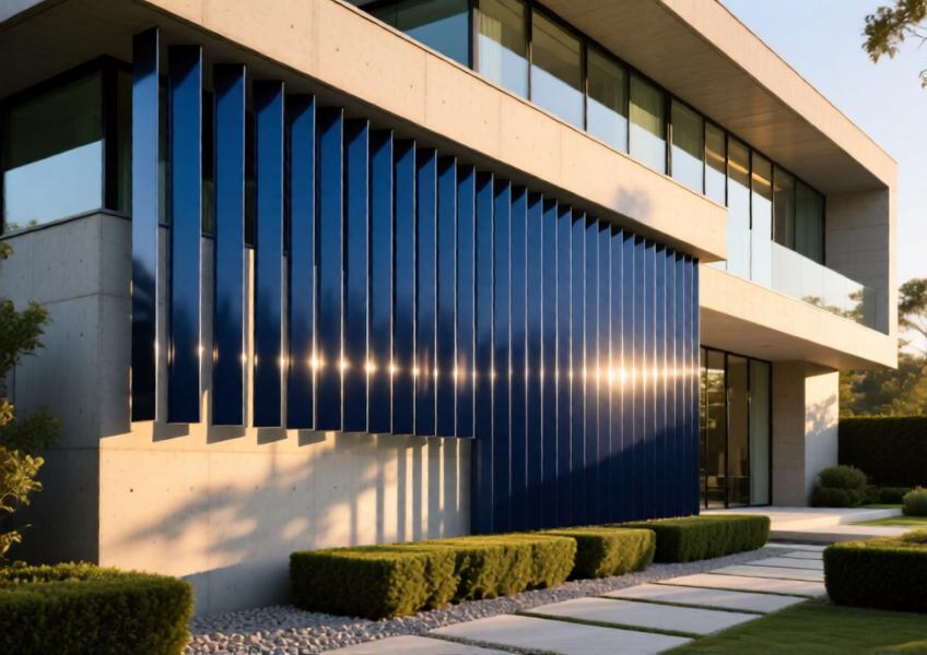 Modern villa façade with navy blue matte aluminum fins creating dynamic shading and privacy through structured light and shadow effects.
