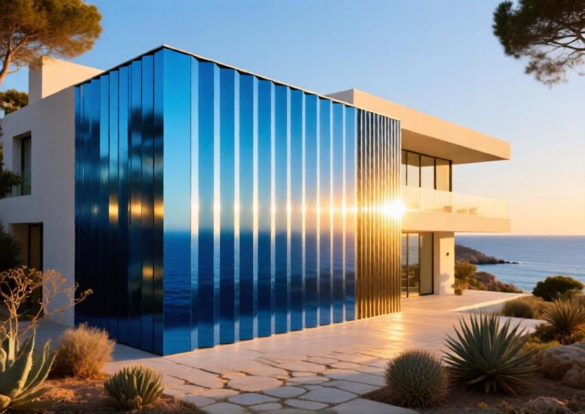 Luxury coastal villa with gradient blue anodized aluminium façade reflecting Mediterranean tones under warm sunset lighting.