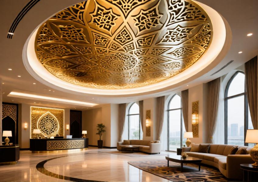 An ornate, gold-anodized aluminum ceiling with arabesque patterns in a luxury Dubai hotel lobby, blending tradition and modernity.