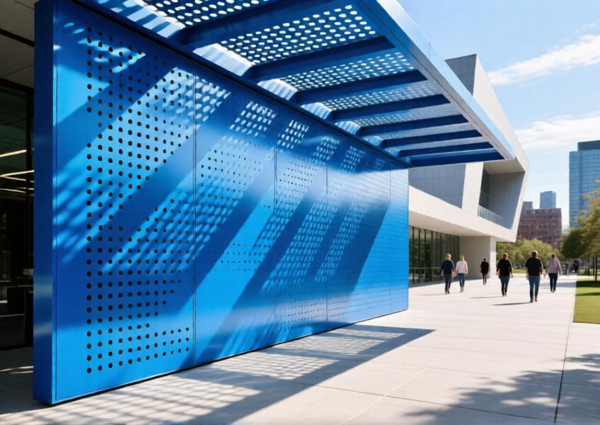 Close-up of anodized blue perforated aluminum cladding casting decorative shadows