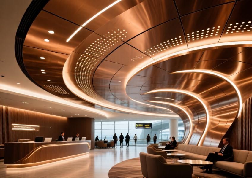 Luxury airport lounge with a flowing bronze-colored aluminum ceiling system combining aesthetics, acoustics, and ambient lighting.