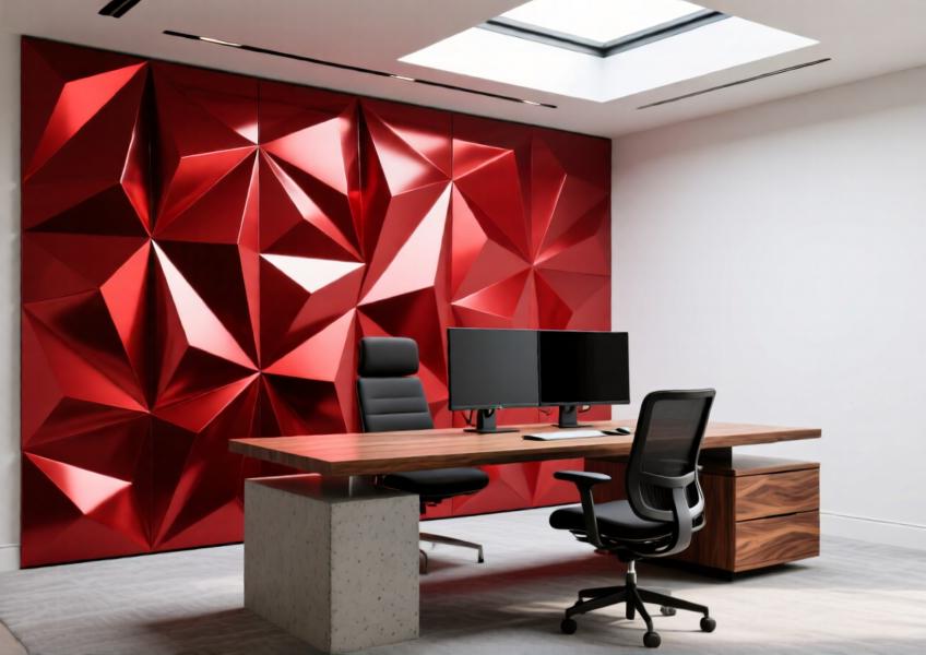 Luxury home office with a vibrant red 3D aluminum wall feature as a statement design element.