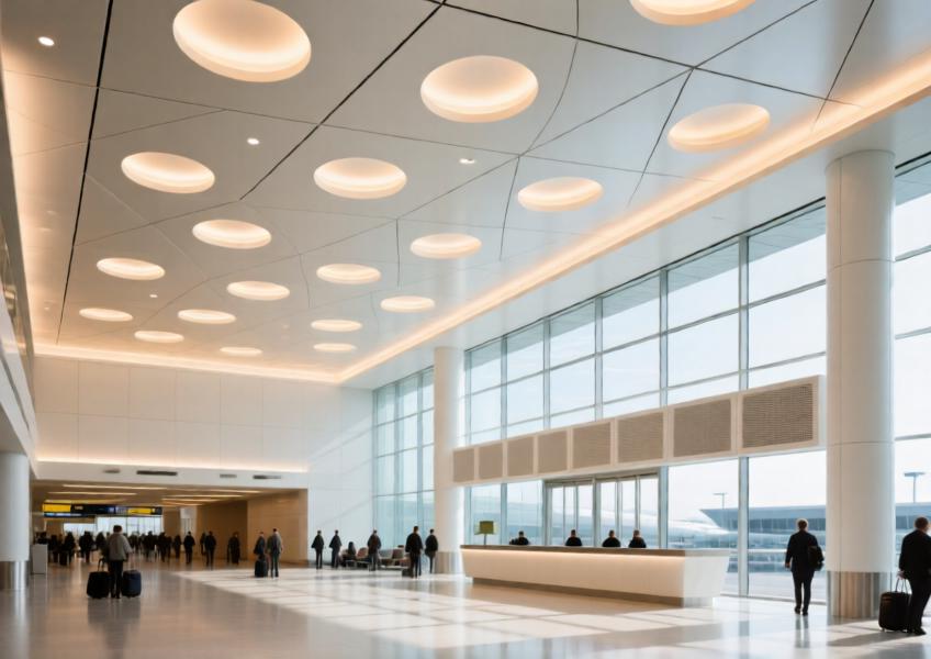 Luxury airport lobby with pearl-white matte aluminum perforated ceiling and integrated lighting.