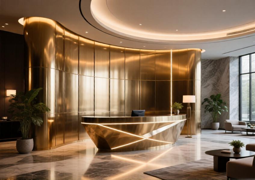 Luxury hotel lobby with curved champagne-gold anodized aluminum feature wall and integrated lighting.
