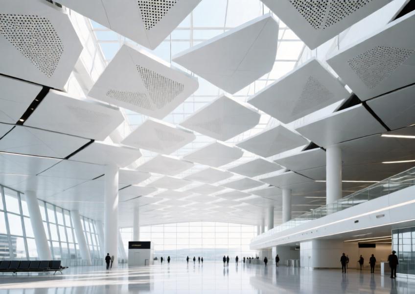 Luxury airport atrium with a perforated matte white aluminum ceiling system, showcasing acoustic design and natural lighting.