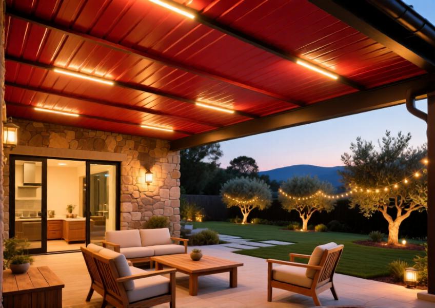 Luxury patio with a vibrant terracotta-red aluminum ceiling enhancing a warm, elegant outdoor living space at twilight.