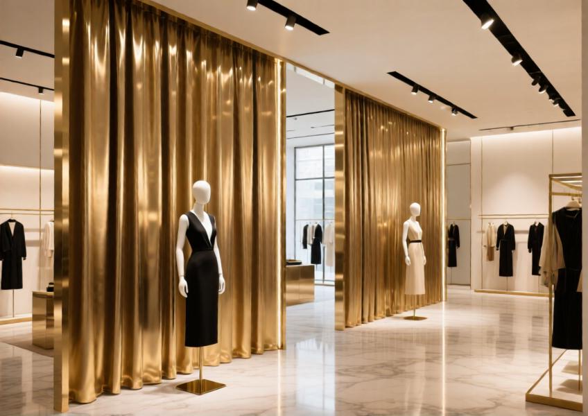 Luxury retail space with brushed gold aluminum curtain walls used as elegant dividers, blending functionality with high-end design.
