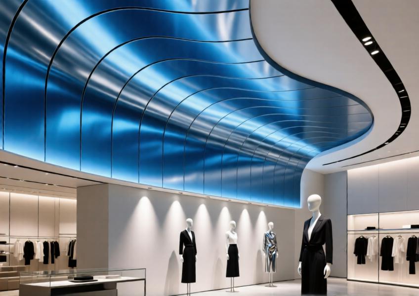 Modern retail space with anodized blue aluminum panels forming a sculptural ceiling-to-wall design element.
