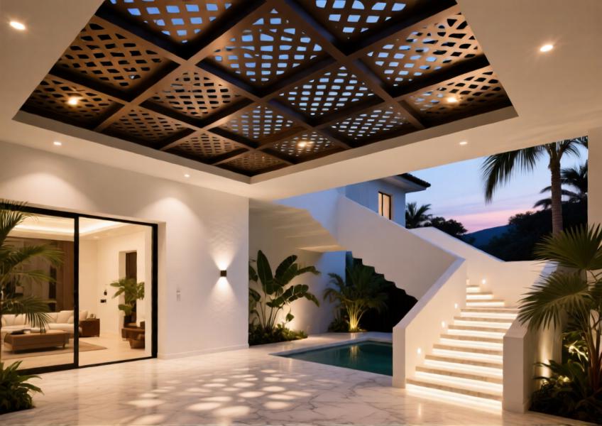 Luxury villa atrium with a decorative matte bronze perforated aluminum ceiling casting intricate light patterns.