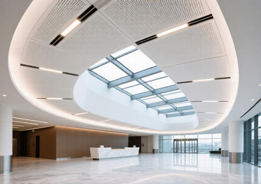 Luxury airport interior with a white matte aluminum acoustic ceiling combining lighting, airflow, and elegance in a large public space.